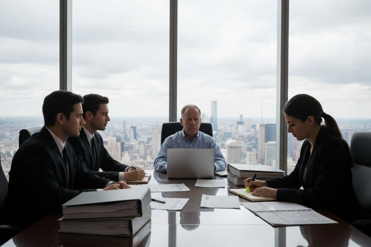 Four people going through binders, papers and a laptop at a conference table by a window
