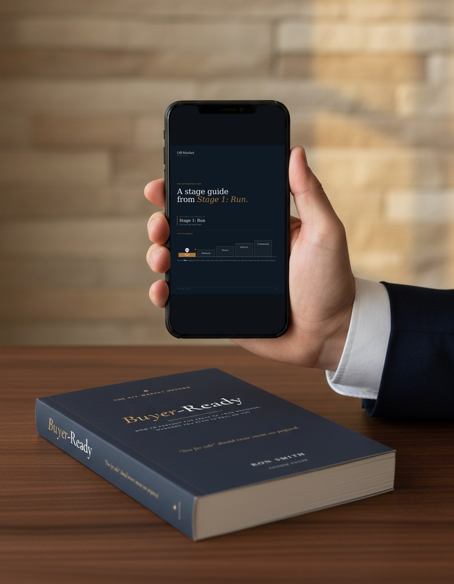 A hand holding a phone showing a Map stage guide, with the Buyer-Ready paperback on the desk below