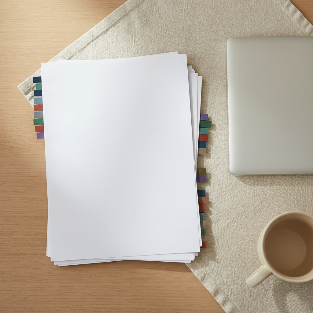 A stack of tabbed documents beside a laptop