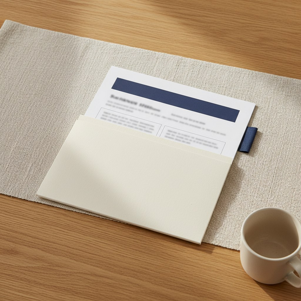A folder with a printed plan tucked inside, on a linen runner