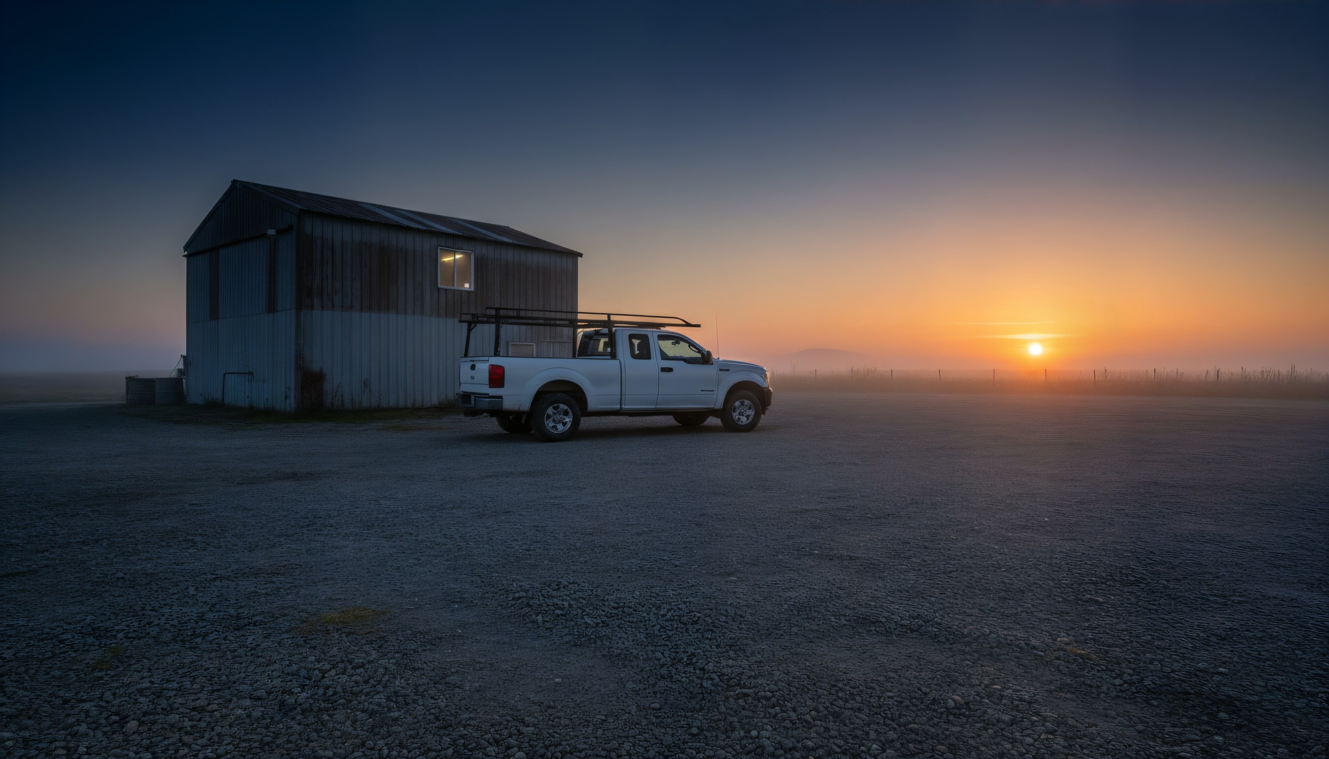 A pickup truck parked outside a metal shop building at sunrise