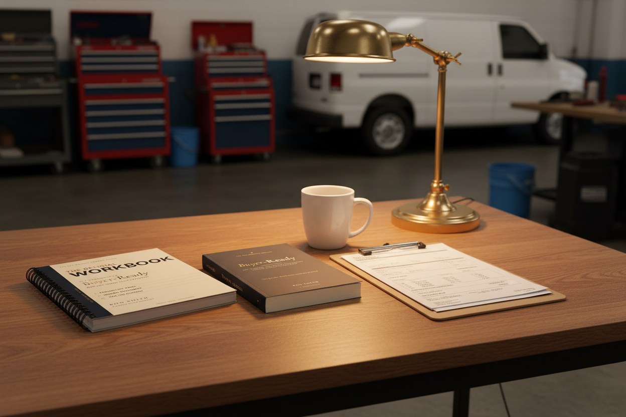 The Official Workbook and the Buyer-Ready paperback on a desk in a shop, with tool chests and a van behind