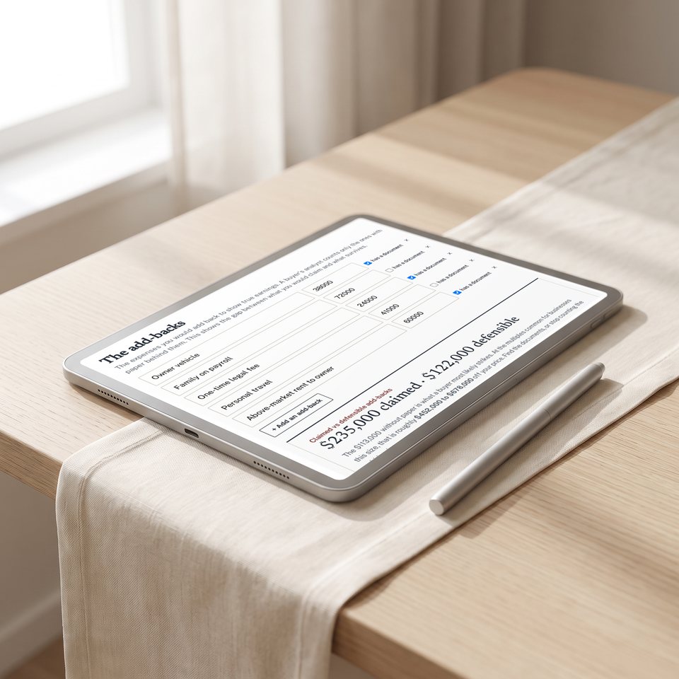 The add-backs tool on a tablet, sorting the claimed add-backs from the defensible ones