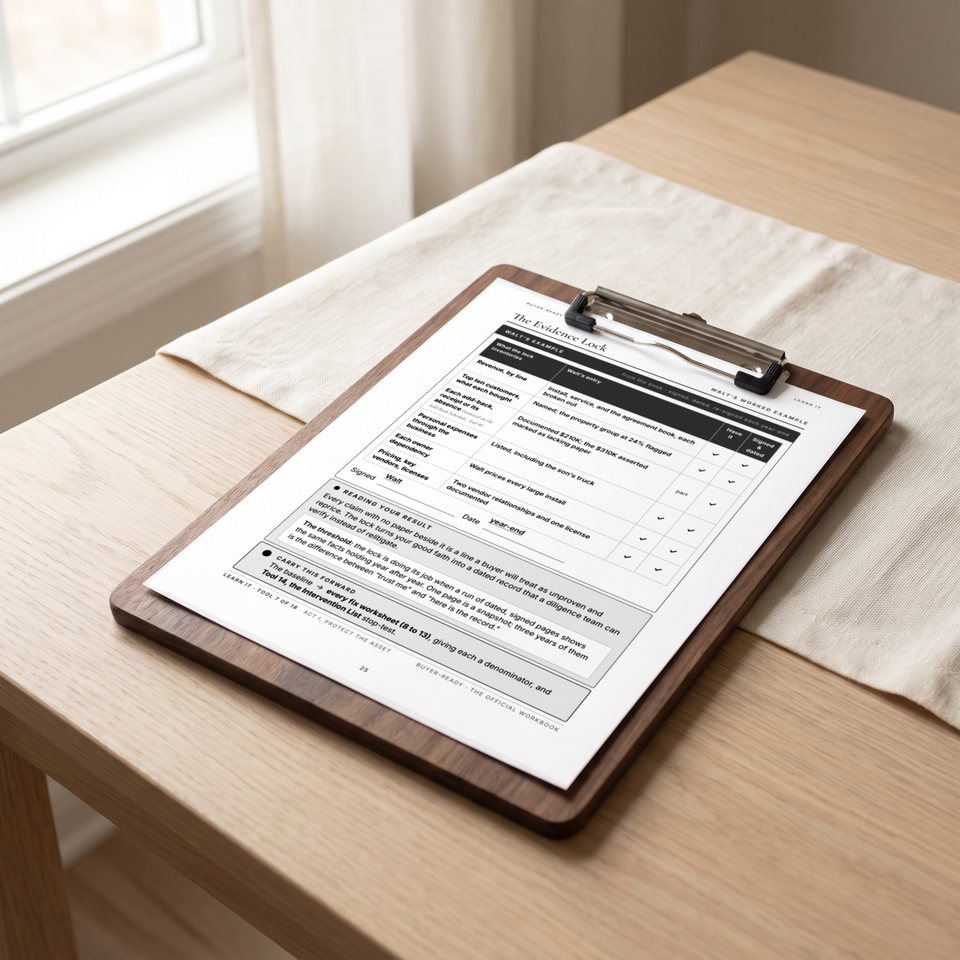 The Evidence Lock page on a clipboard, with the worked example filled in