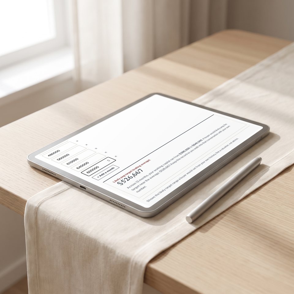 The working capital tool on a tablet, twelve months entered