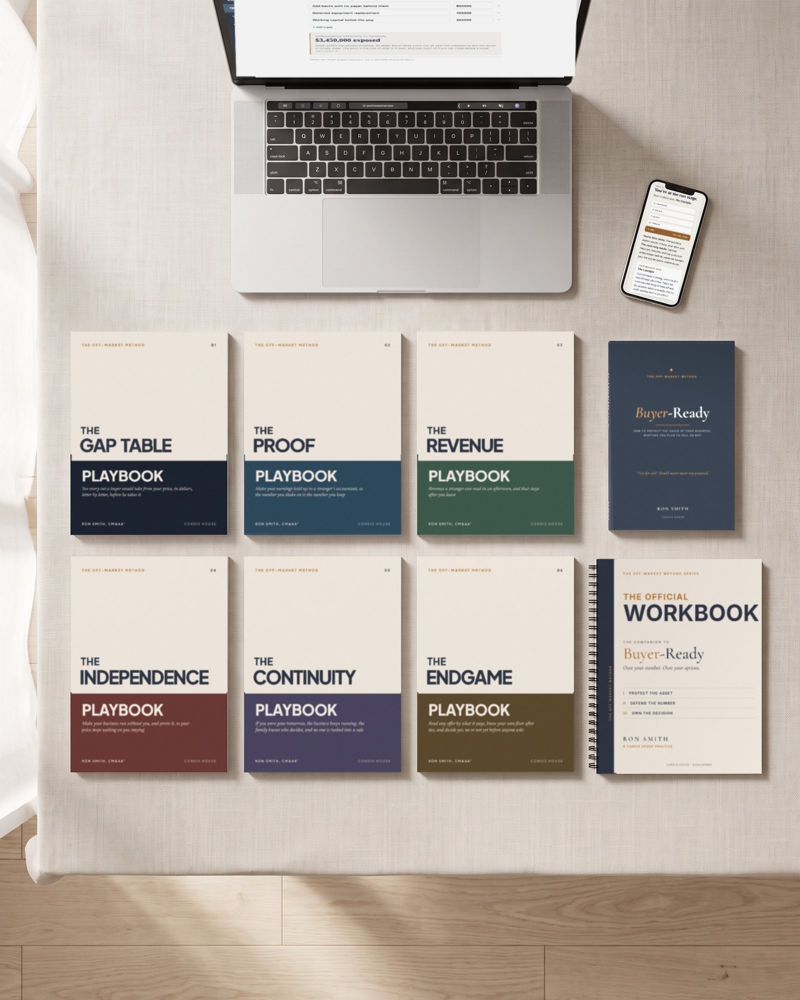 Everything in Defend Your Number laid out: the laptop, the six Playbooks, the book and the workbook