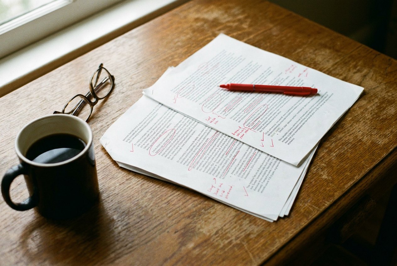 A buyer's letter of intent on a desk, marked up clause by clause in red ink
