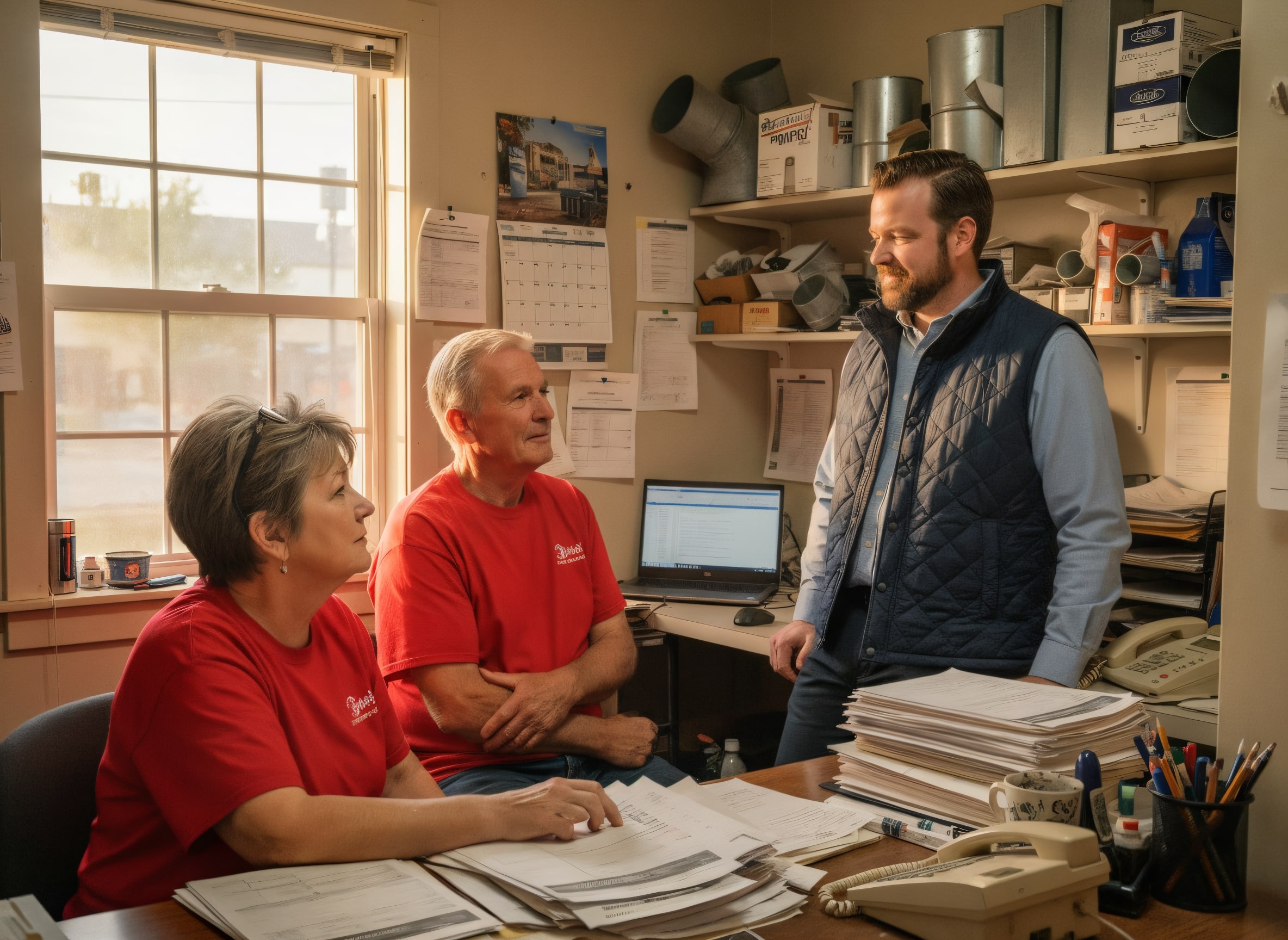 Ron Smith with the owners of a family shop in their back office