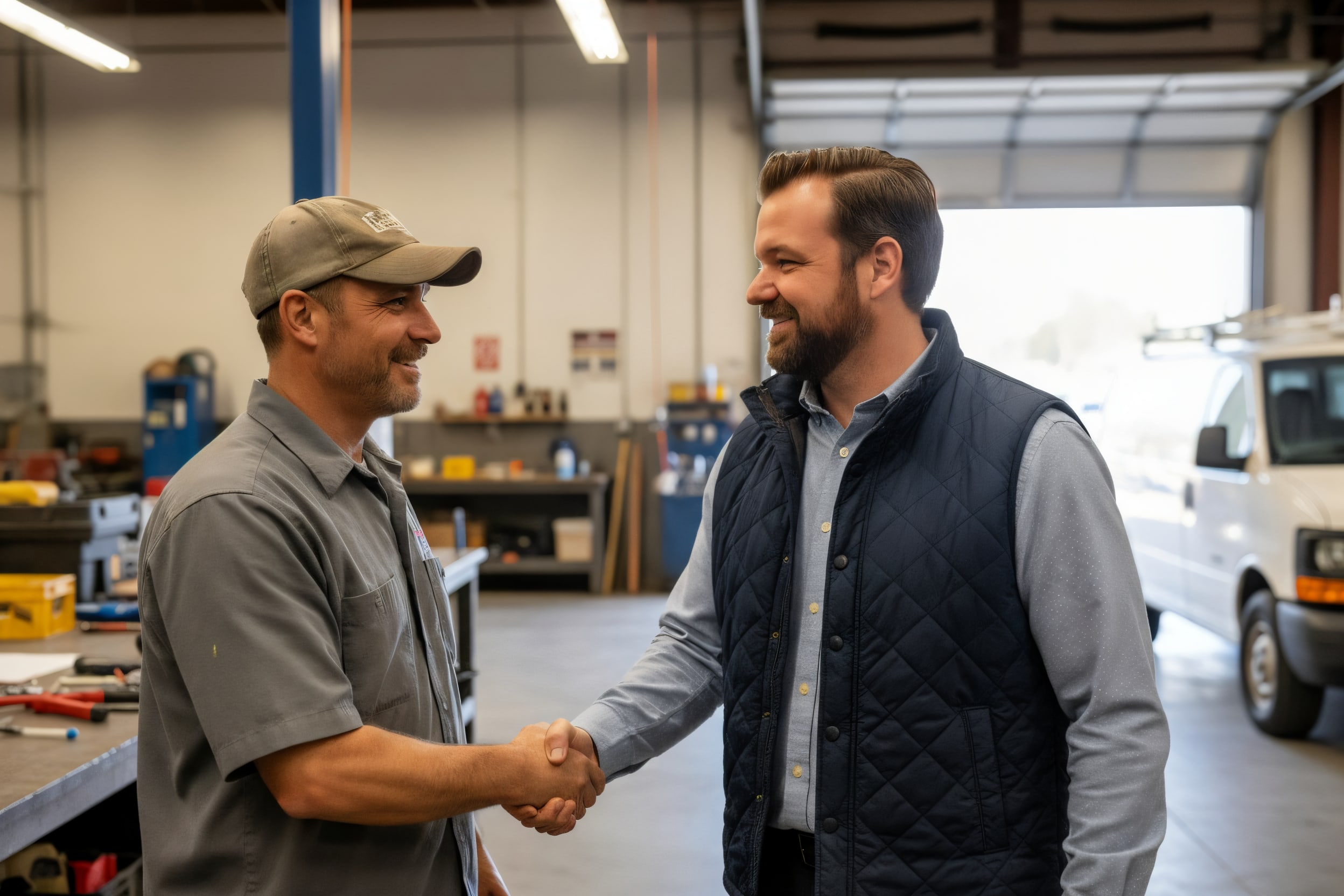 Ron Smith shaking hands with an owner in their shop