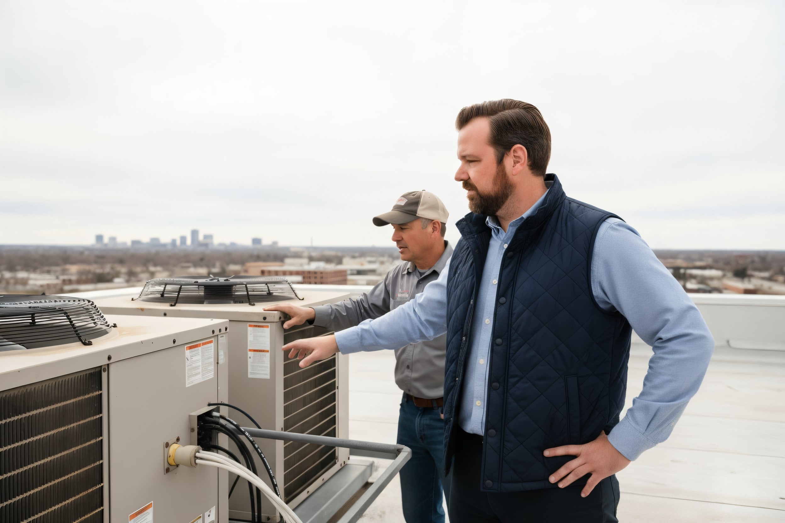 Ron Smith on a rooftop with an owner, looking over a rooftop unit