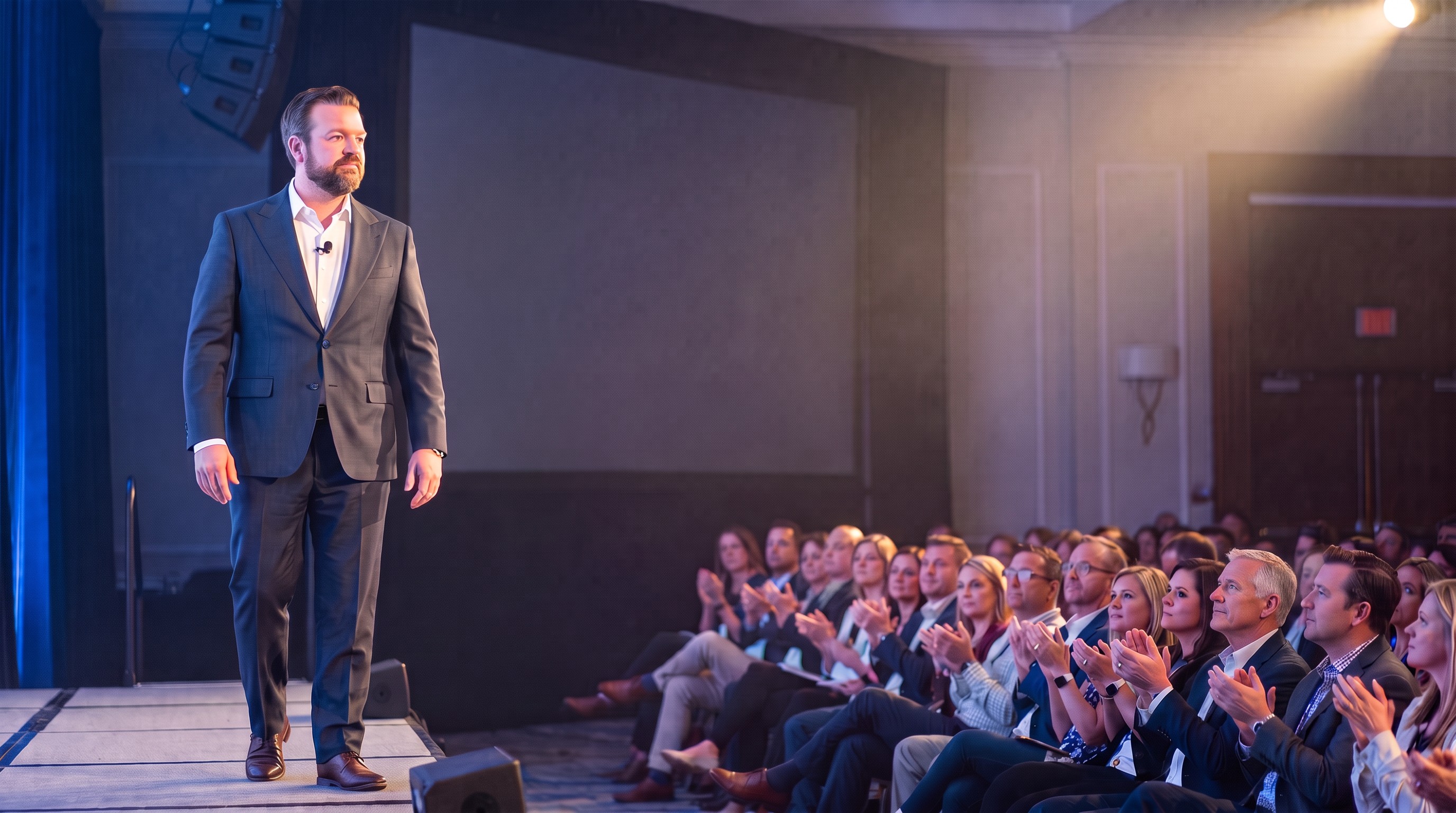 Ron Smith on stage as a full room of business owners applauds